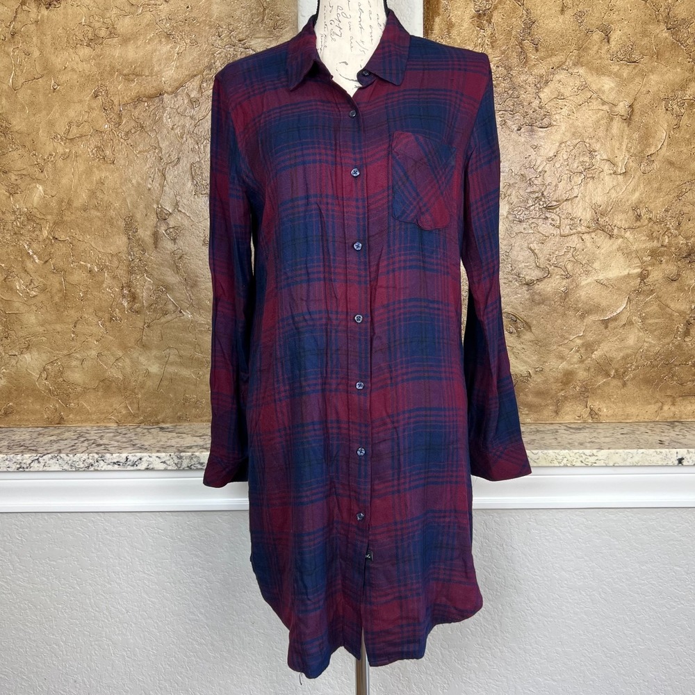 Rails Shirt Dress Womens Medium Button Bianca Plaid Soft Flannel Grunge Red Blue